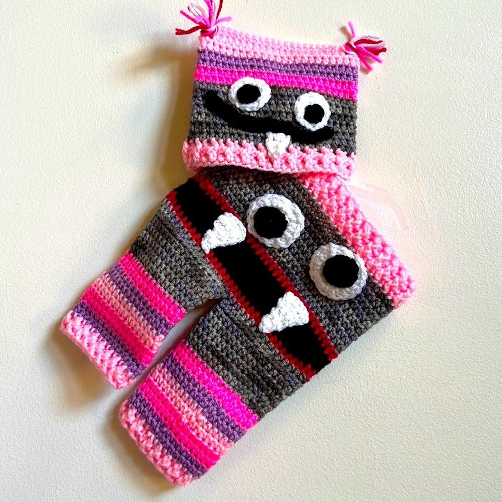 Little monster, crocheted, Halloween costume hat, and bottoms with googl…